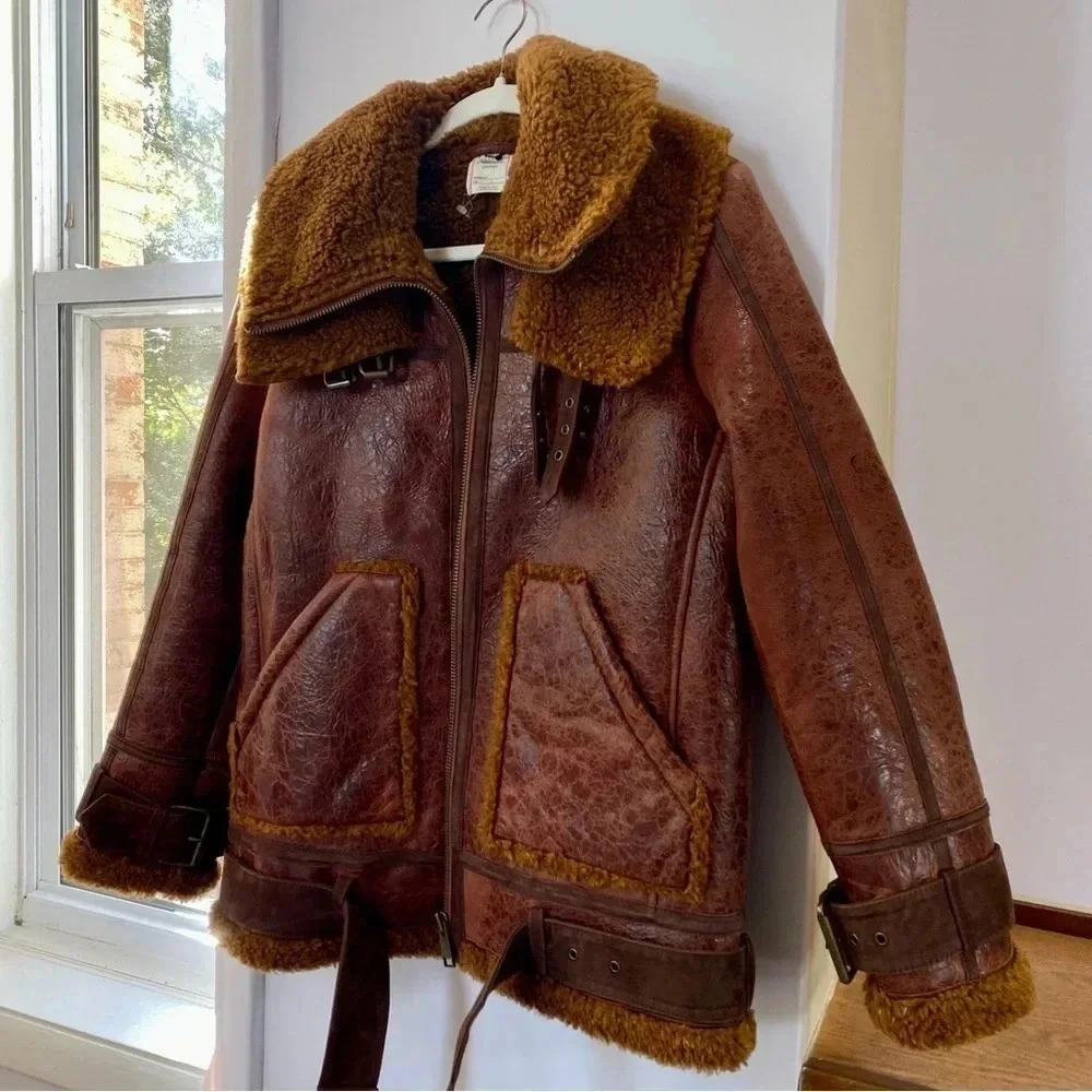 Free People Maverick Shearling Leather Jacket Brown Small - Picture 7 of 17
